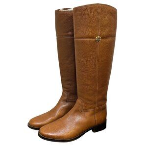 Tory Burch Brown Leather Riding Boots Size 8 With Gold Logo Detail
